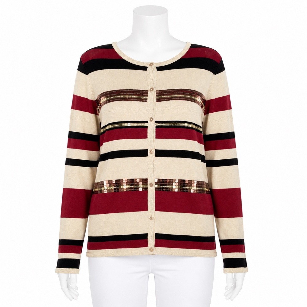 Nouveaux Cardigan Sweater Womens Large Tan Red Black Striped Sequin Button Front
